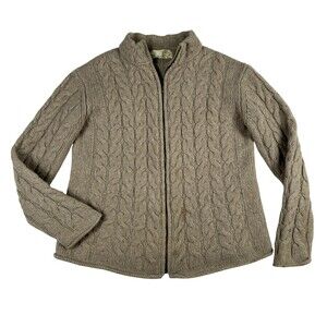 IrelandsEye Cardigan Sweater Womens M Beige Cable Knit Full Zip Lambswool Silk